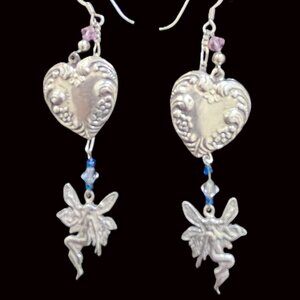 🆕 Sterling Silver Fairy & Heart Dangle Earrings | Whimsical, Feminine, Vintage